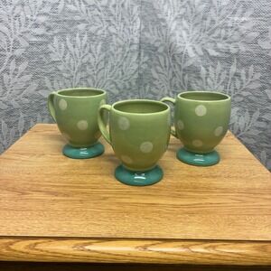 Gail Pittman Provence Hand Painted Mugs Set of 3 Green Polka Dot Pedestal Base
